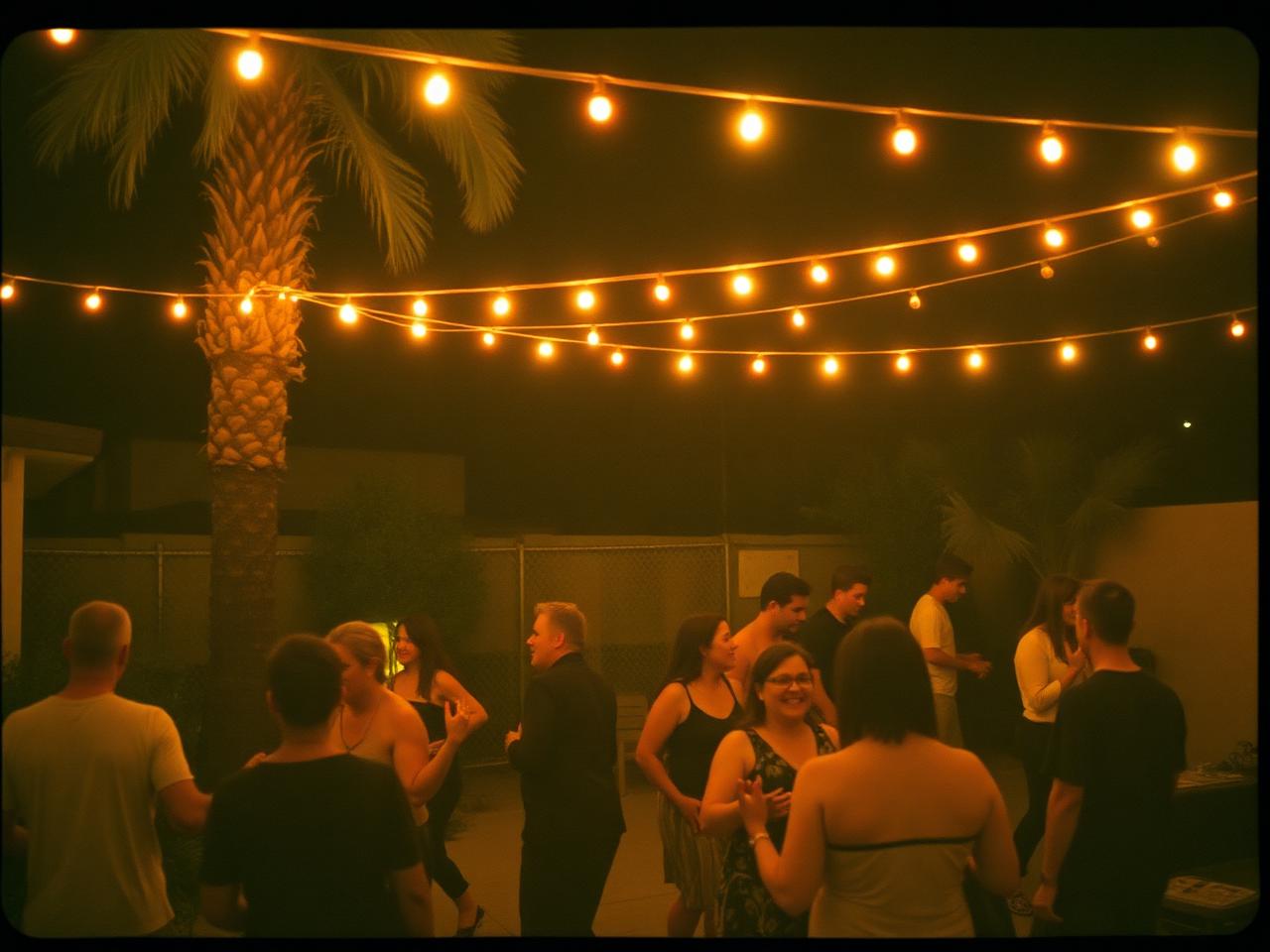 A warm desert backyard at night with string lights and people gathered